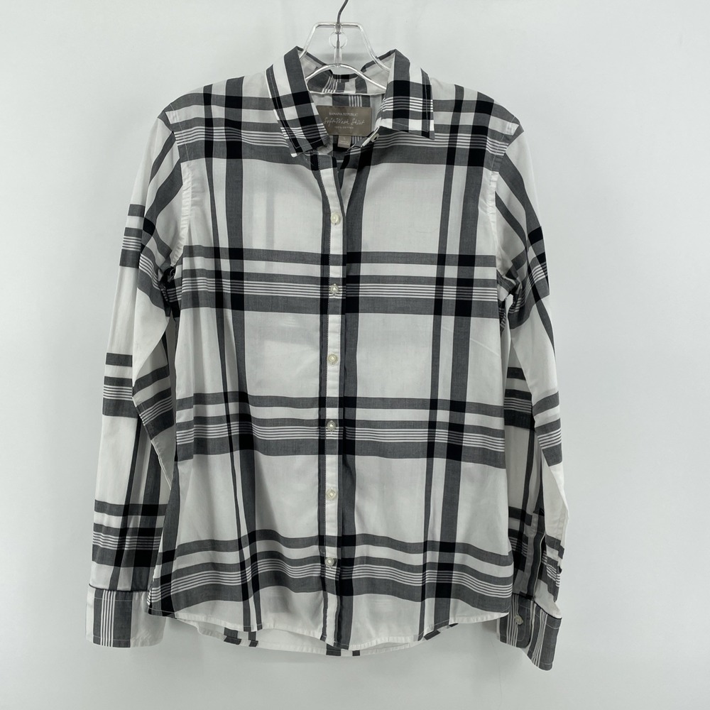 Banana Republic Women's Small Soft Wash Plaid Black Button Up Shirt 100% Cotton